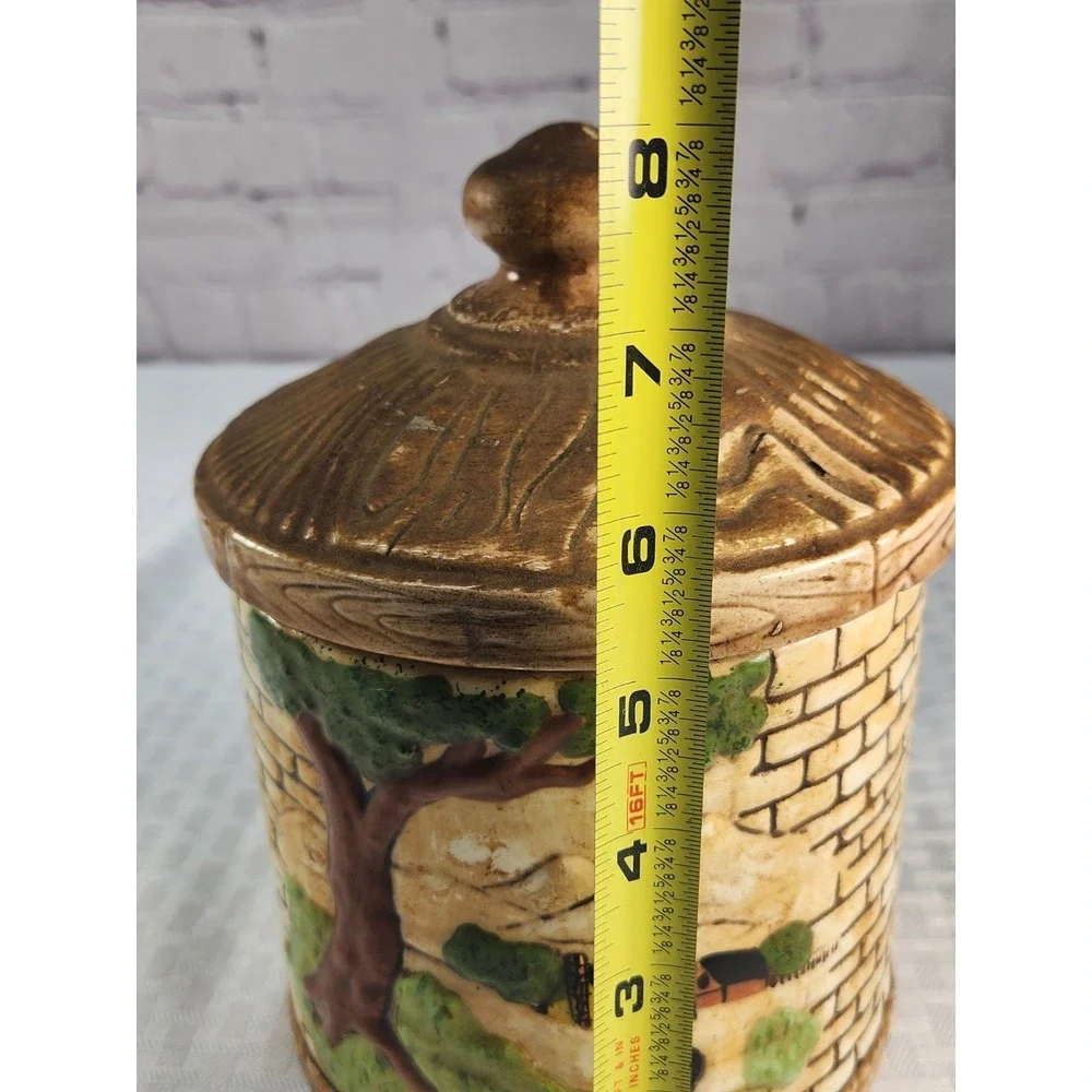 Vintage 1970s Farmhouse Village Cookie Jar Canister Raised Mold Scene